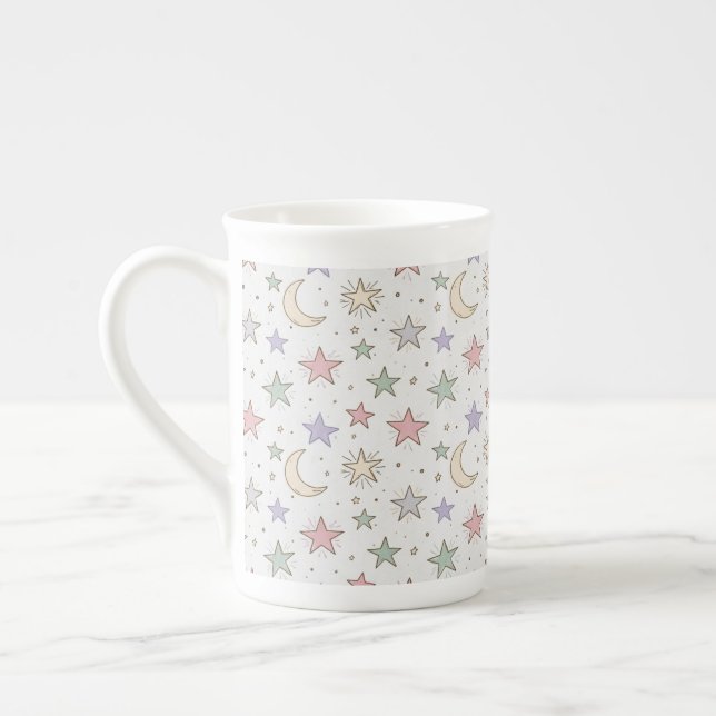Whimsical Moon Star Pattern Bone China Mug (Left)