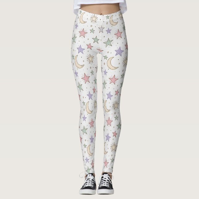 Whimsical Moon Star Pattern Leggings (Front)