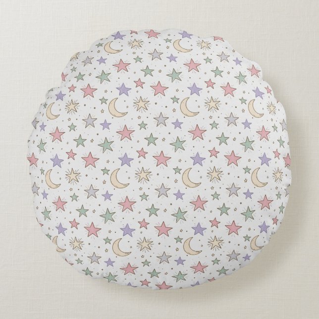 Whimsical Moon Star Pattern Round Cushion (Front)