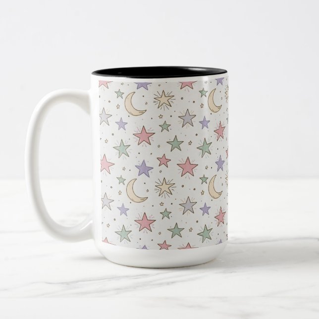 Whimsical Moon Star Pattern Two-Tone Coffee Mug (Left)