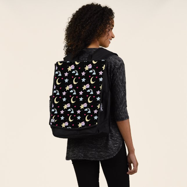Whimsical Moon, Stars and Clouds Pattern on Black Backpack (Worn)