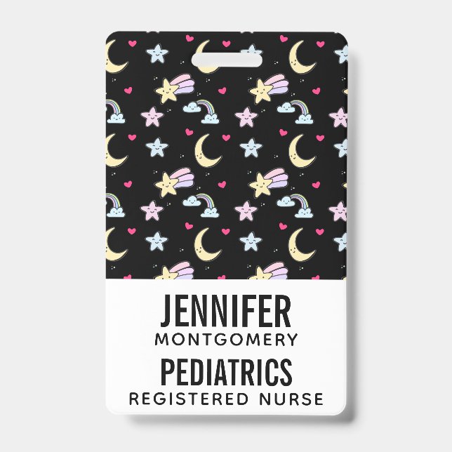 Whimsical Moon, Stars and Clouds Pattern on Black ID Badge (Front)
