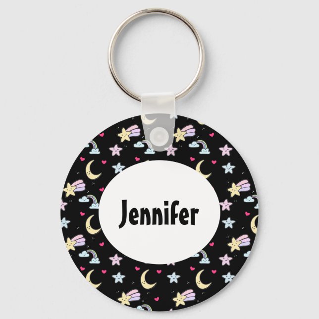 Whimsical Moon, Stars and Clouds Pattern on Black Key Ring (Front)