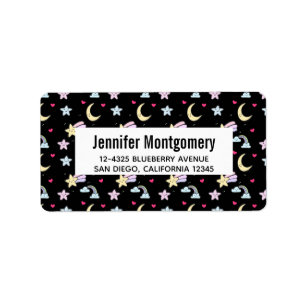 Whimsical Moon, Stars and Clouds Pattern on Black Label