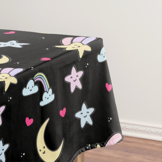 Whimsical Moon, Stars and Clouds Pattern on Black Tablecloth (In Situ)