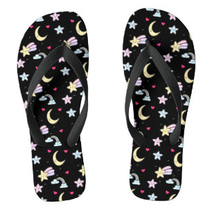 Whimsical Moon, Stars and Clouds Pattern on Black Thongs