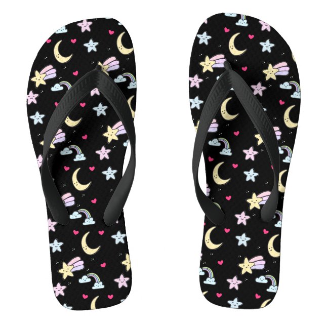 Whimsical Moon, Stars and Clouds Pattern on Black Thongs (Footbed)