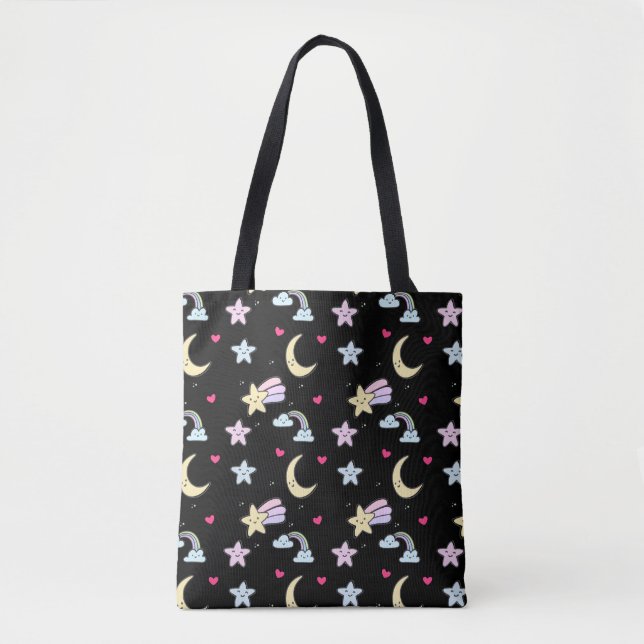 Whimsical Moon, Stars and Clouds Pattern on Black Tote Bag (Front)