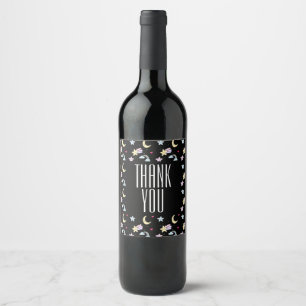 Whimsical Moon, Stars and Clouds Pattern on Black Wine Label