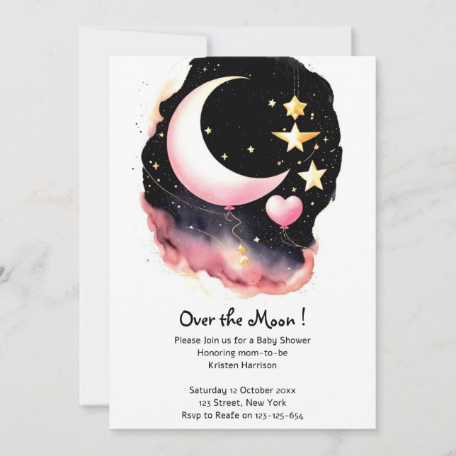 Whimsical Moon & Stars Watercolor Baby Shower Invitation (Front)