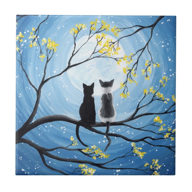 Whimsical Moon with Cats Ceramic Tile (Front)