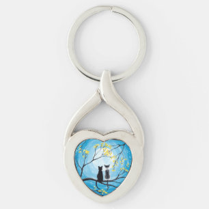 Whimsical Moon with Cats Key Ring