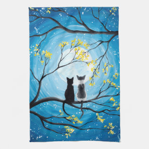 Whimsical Moon with Cats Tea Towel