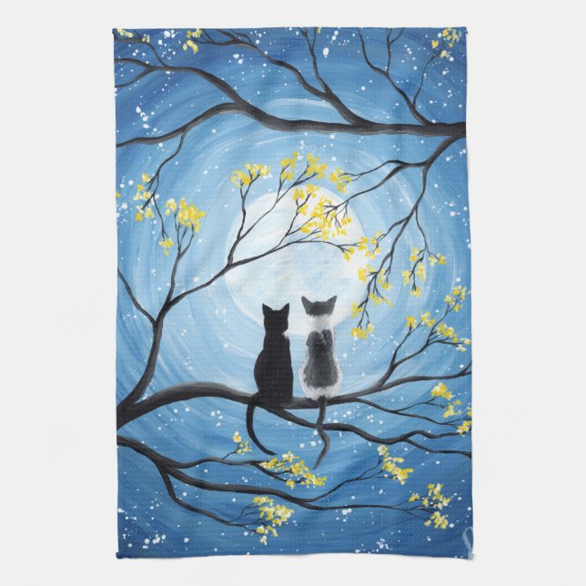 Whimsical Moon with Cats Tea Towel (Vertical)