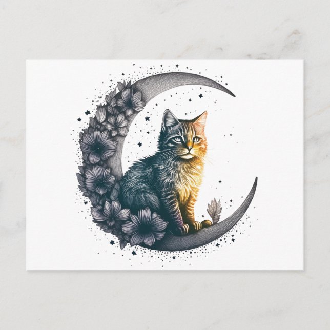 Whimsical Moonlit Cat Art Postcard (Front)