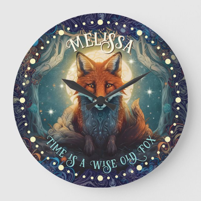 Whimsical Moonlit Fox Wall Clock AI Art Design (Front)