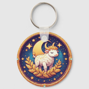 Whimsical Moonlit Ox Medallion Artwork Key Ring