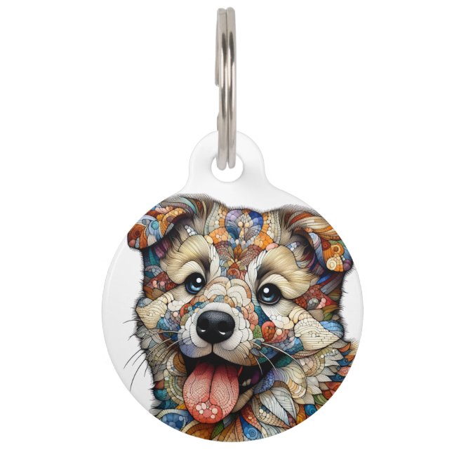 Whimsical Mosaic style patterned dog Pet Tag (Front)