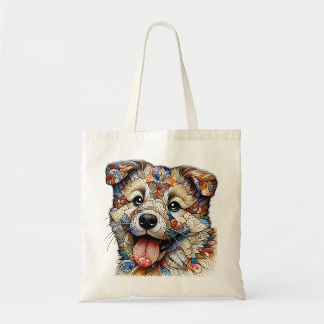 Whimsical Mosaic style patterned dog Tote Bag (Front)