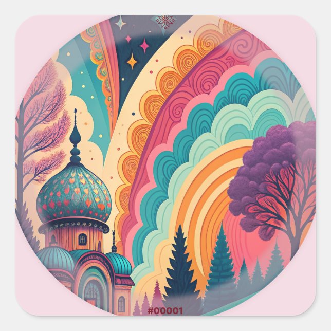 Whimsical Mosque Rainbow Sticker – Customisable (Front)