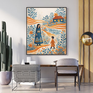 Whimsical Mother and Child Folk Art Illustration Poster