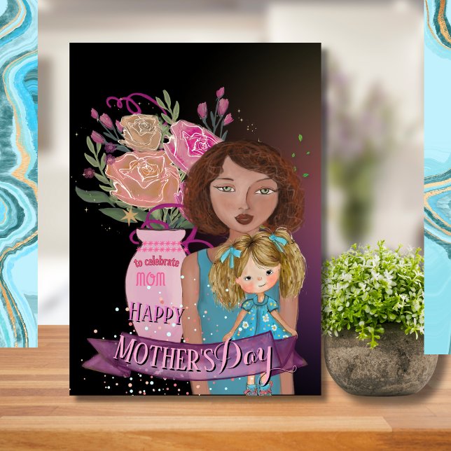 Whimsical Mother Daughter Watercolor Flowers Holiday Card (Mother, Daughter & Flowers _ Happy Mother's Day Holiday Card)