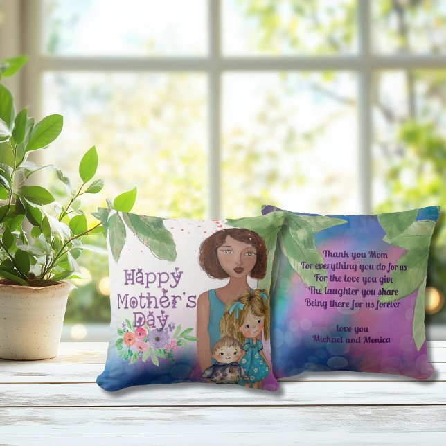 Whimsical Mother with kids | Mother's Day  Cushion (Whimsical Mother with kids  Mother's Day Throw Pillow)