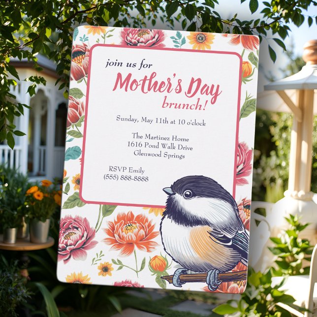 Whimsical Mother's Day Brunch Chickadee Invitation (Cheerful Mother's Day brunch invitation with a sweet, hand-drawn chickadee and bright flowers)