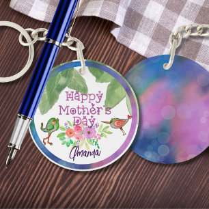 Whimsical Mother's Day Floral Birds Key Ring