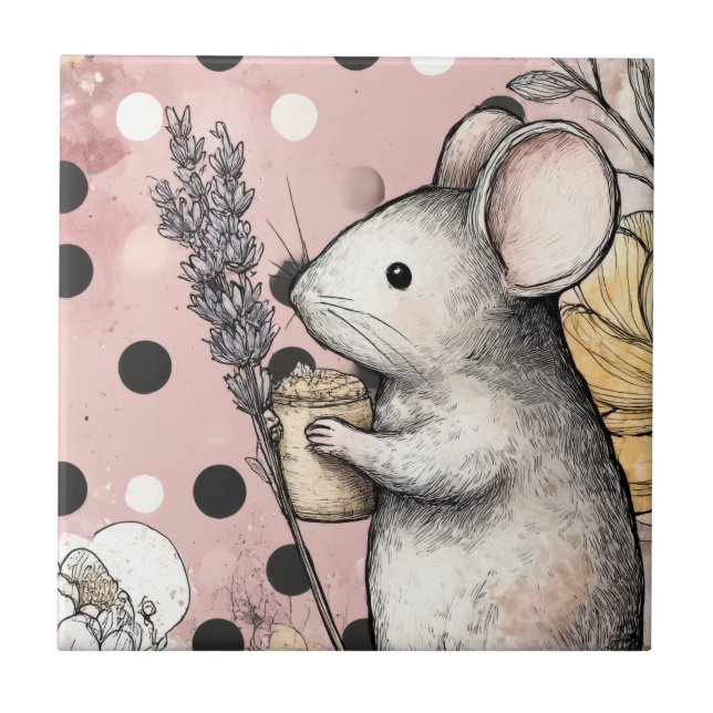 Whimsical Mouse Floral Watercolor Art Ceramic Tile (Front)
