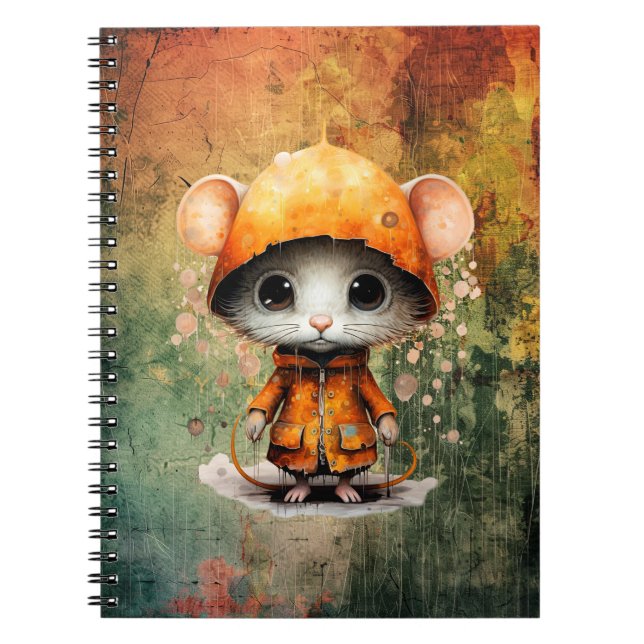 Whimsical Mouse in Raincoat Spiral Notebook | Cute (Front)