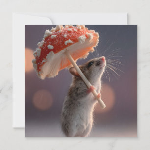 Whimsical Mouse Using a Mushroom as an Umbrella Holiday Card