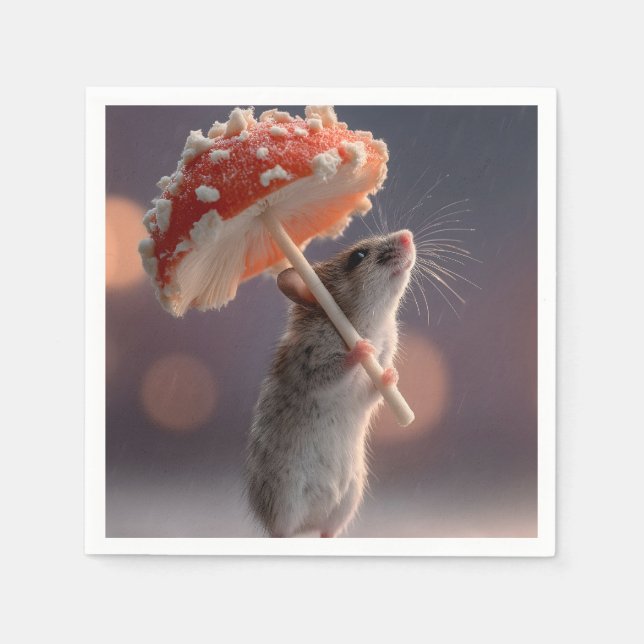 Whimsical Mouse Using a Mushroom as an Umbrella Napkin (Front)