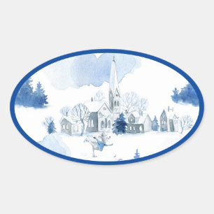 Whimsical Mouse Village Blue and White Holiday Oval Sticker