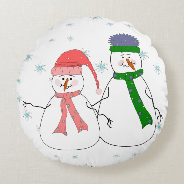 Whimsical Mr. and Mrs. Snowman Snowing Winter Art Round Cushion (Front)