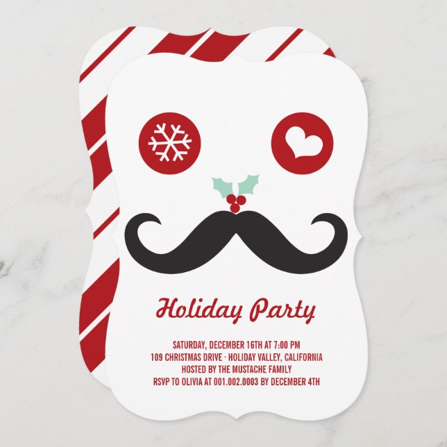 Whimsical Mr. Moustache Funny Holiday Party Invite (Front/Back)
