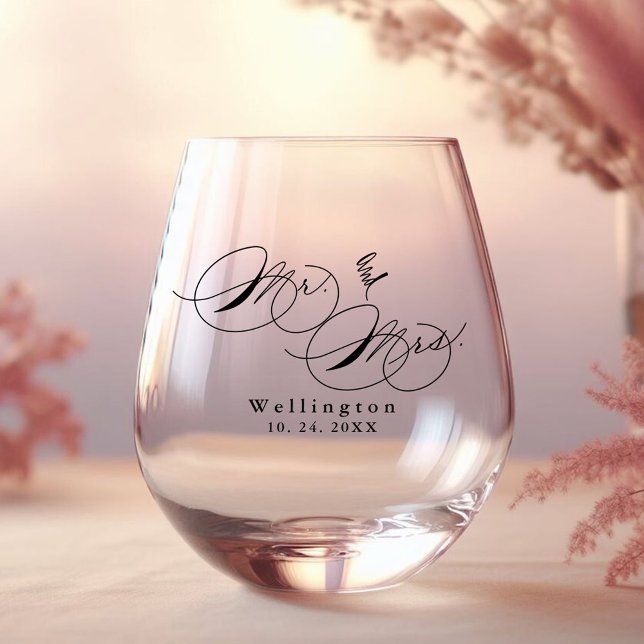 Whimsical Mr & Mrs Calligraphy Wedding  Stemless Wine Glass (Creator Uploaded)