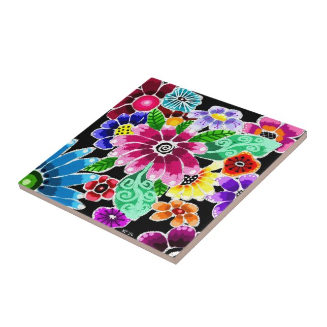 Whimsical Multi-Colour Folk-Art Flowers Floral Pin Ceramic Tile (Side)