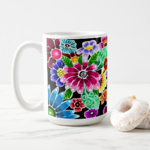 Whimsical Multi-Colour Folk-Art Flowers Floral Pin Coffee Mug