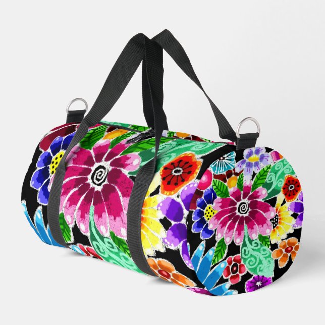 Whimsical Multi-Colour Folk-Art Flowers Floral Pin Duffle Bag (Left Corner)