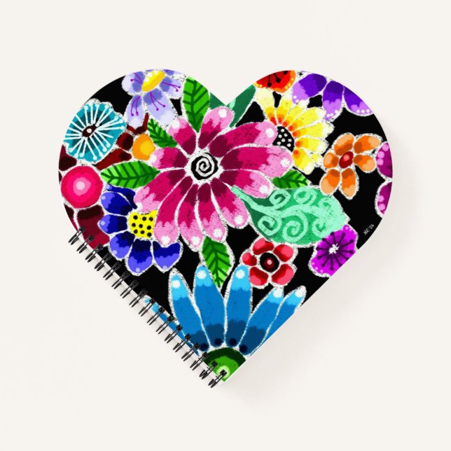 Whimsical Multi-Colour Folk-Art Flowers Floral Pin Notebook (Front)