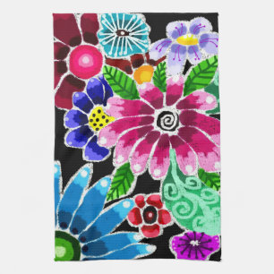 Whimsical Multi-Colour Folk-Art Flowers Floral Pin Tea Towel