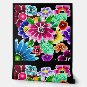Whimsical Multi-Colour Folk-Art Flowers Floral Pin Wallpaper