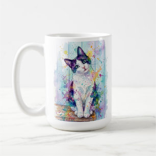 Whimsical Multi-Colour Watercolor Tuxedo Kitten Po Coffee Mug