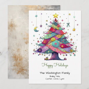 Whimsical Multicolor Christmas Tree Green Happy  Holiday Card