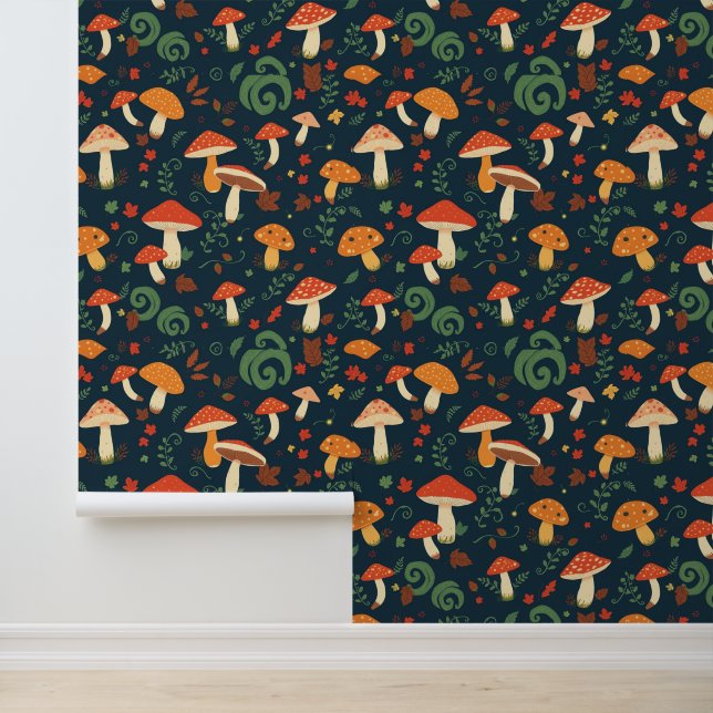 Whimsical Mushroom and Foliage Pattern Wallpaper (Application)