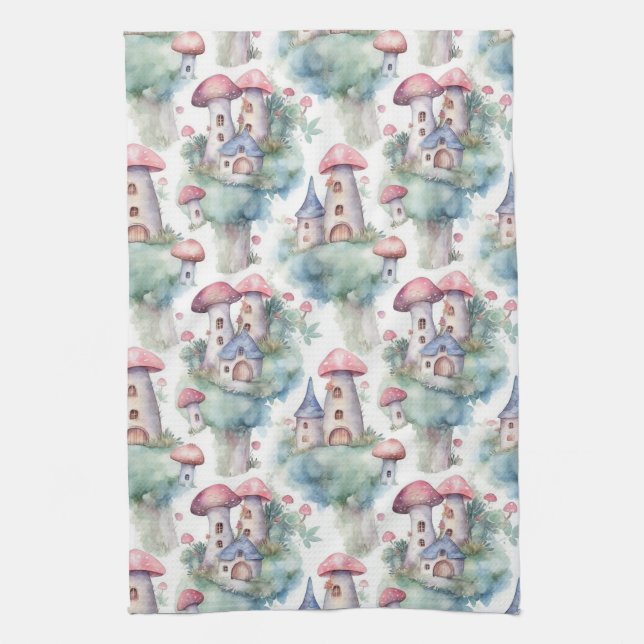 Whimsical Mushroom Cottage Pattern (10) Tea Towel (Vertical)