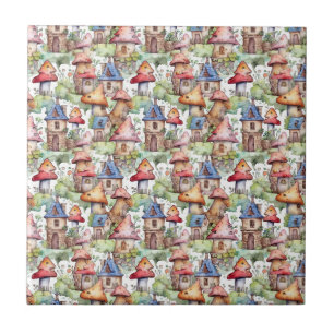 Whimsical Mushroom Cottage Pattern (1) Ceramic Tile