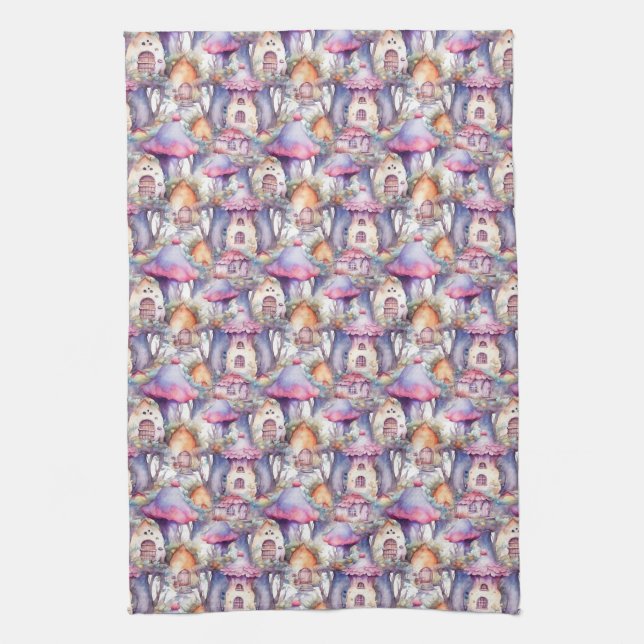 Whimsical Mushroom Cottage Pattern (2) Tea Towel (Vertical)