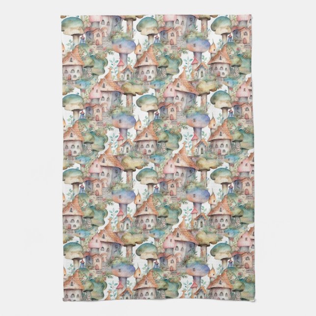 Whimsical Mushroom Cottage Pattern (3) Tea Towel (Vertical)